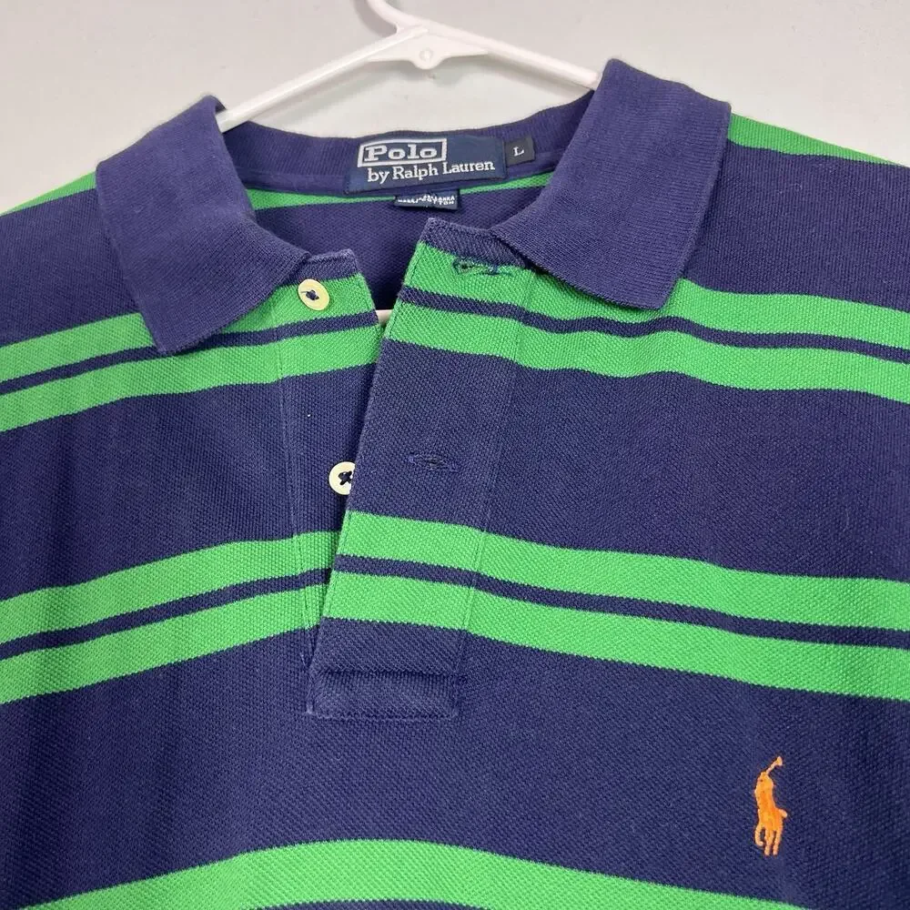 Polo Ralph Lauren Men's Blue Green Striped Polo Shirt Sz L Pony Academia